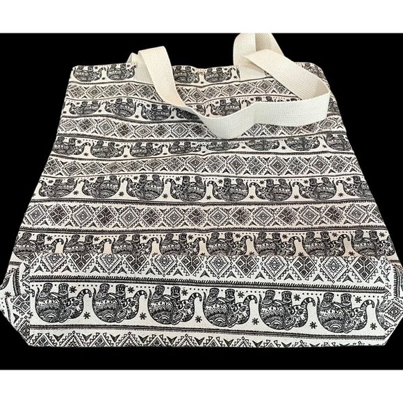 Unbranded Canvas Tote Elephant Pattern Black Off White 17.5" x 15.5" Handmade - Picture 5 of 13